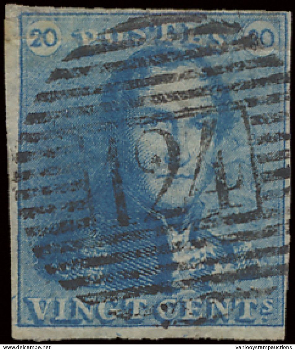N° 2A 20c. Blauw, Volrandig, P.124 Vielsalm, Mooie Centrale Stempel, Zm (COBA €150) - 1849 Epaulettes
