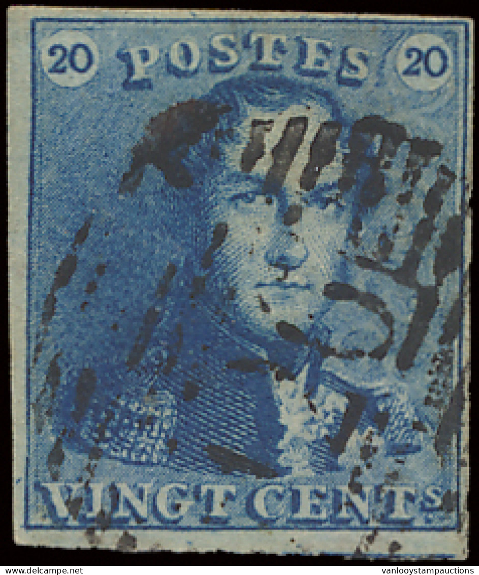 N° 2A 20c. Blauw, Volrandig, P.126 Virton, Moeilijk Leesbare Stempel, Met Ondergebuur, Zm (COBA €60) - 1849 Epaulettes