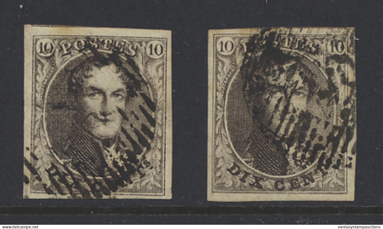 N° 3 10c. Bruin (2x), Beide Volrandig Met Mooie Boorden, 1 Met Afstempeling P.45-Gand, Voor De Plaatverzamelaar, Zm (OBP - 1849-1850 Médaillons (3/5)