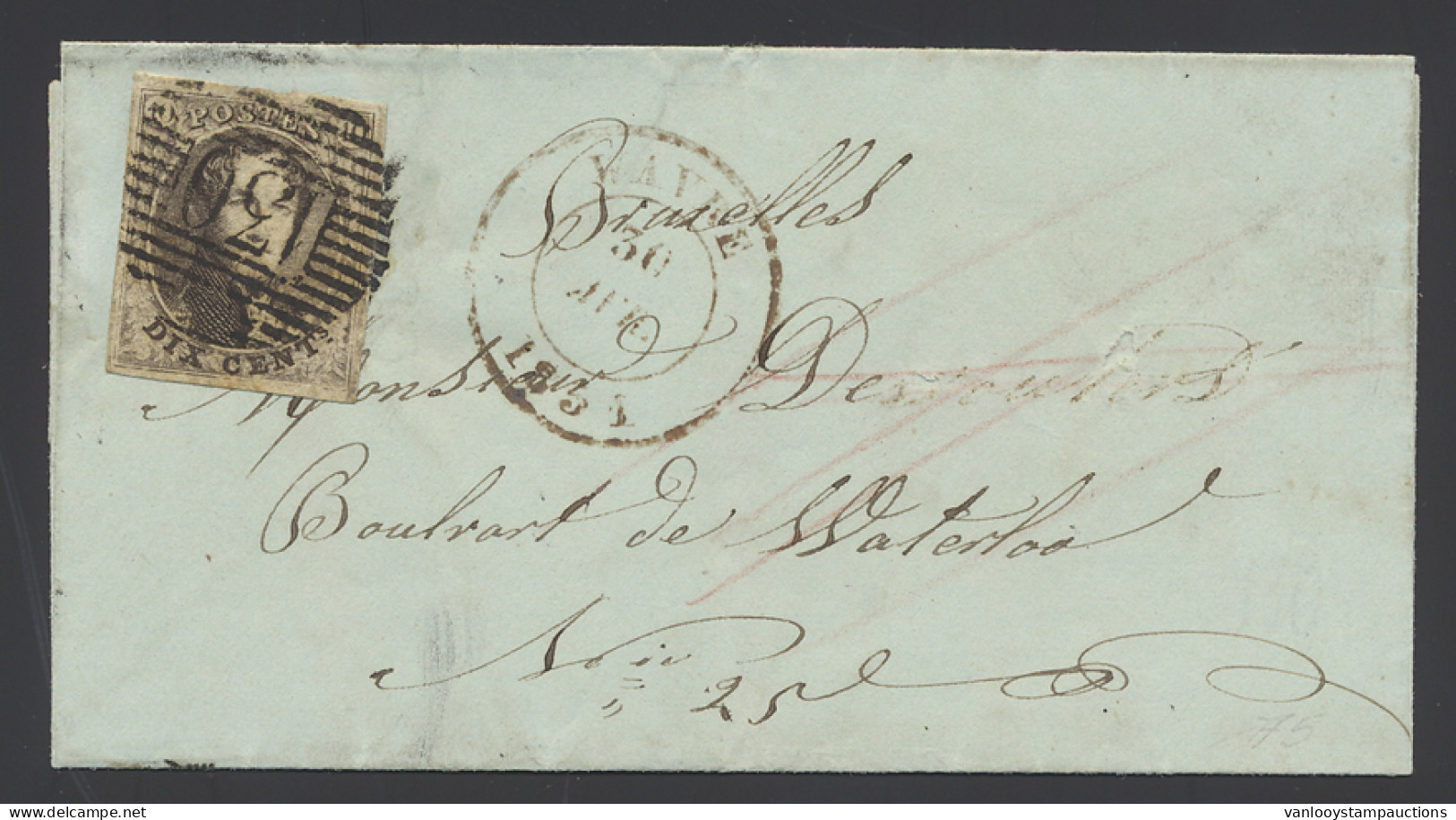 1851 N° 3 10c. Bruin, Brief, Afstempeling P.130-Wavre, Volrandig, Dd. 30 Avril 1851, Aankomststempel Brussel, Zm (OBP €2 - 1849-1850 Médaillons (3/5)