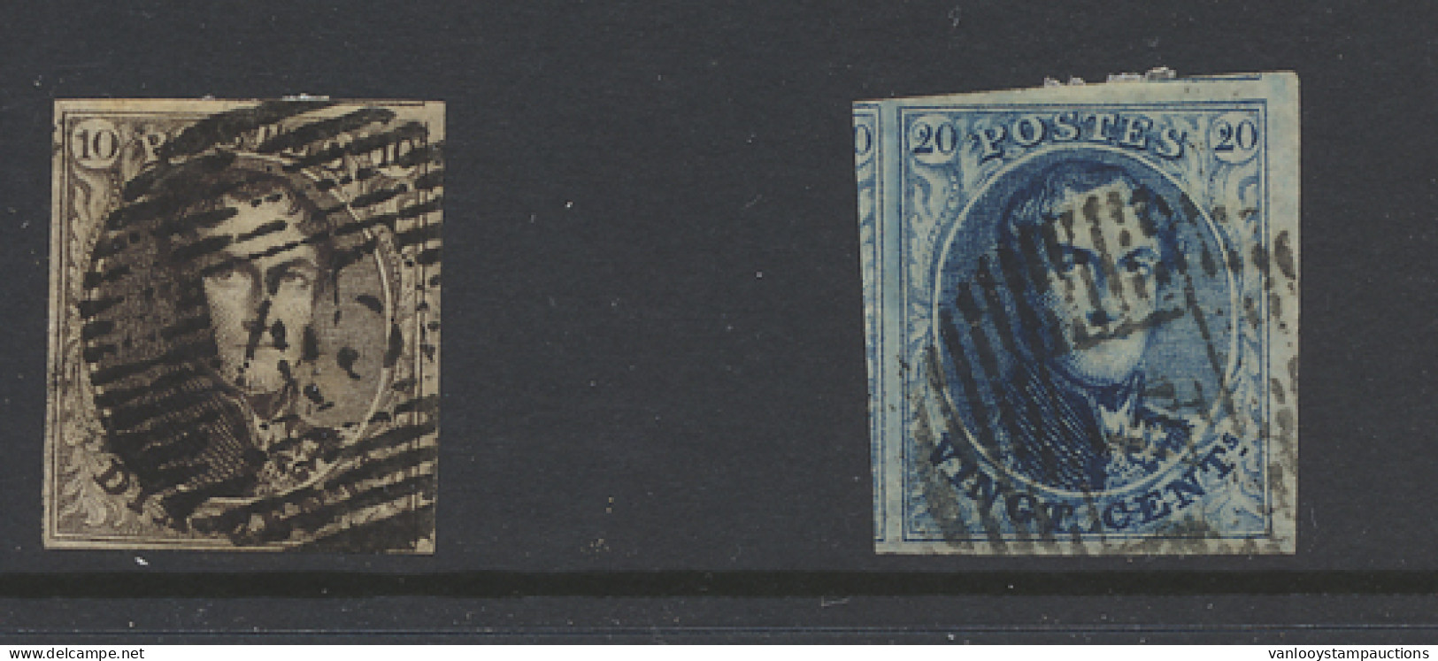 N° 3 10c. Bruin, Volrandig, P.45-Gand, Watermerk Vertoond Linkerboord, Geen Letters Zichtbaar, N° 4 20c. Blauw, Volrandi - 1849-1850 Medallions (3/5)