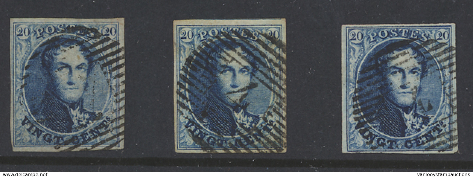 N° 4 20c. Blauw (3 Ex.), Alle Zeer Mooi Gerand, Meer Griffen En Geburen Voor De Plating, Zm (OBP €210) - 1849-1850 Medallions (3/5)