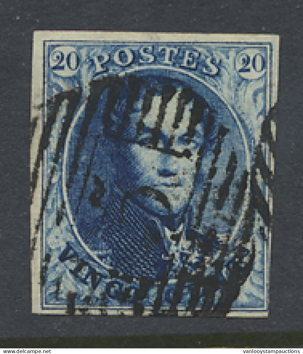 N° 4 20c. Blauw Met P.5-Arlon, Volrandig Met Mooie Boorden (watermerk Vertoond Onder Bladboord, Maar Verschillende Lette - 1849-1850 Medaillen (3/5)