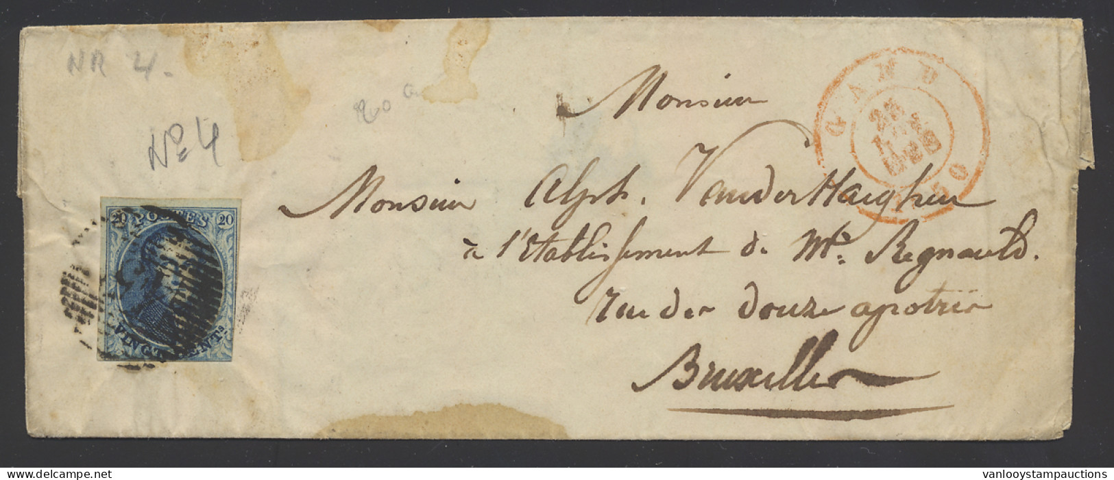 1850 N° 4 20c. Blauw, Op Brief Zonder Inhoud,vanuit Gand, Ingesneden, Dd. 23 November 1850, Naar Brussel Met Aankomstste - 1849-1850 Medallions (3/5)