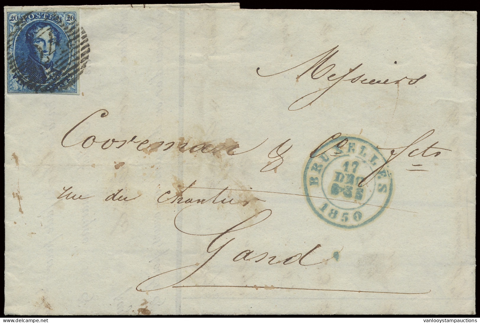1850 N° 4 20c. Blauw, Brief, Afstempeling P.24-Brussel, Volrandig Naar Gent, Dd. 17 December 1850, Zm (OBP €150) - 1849-1850 Medaillen (3/5)