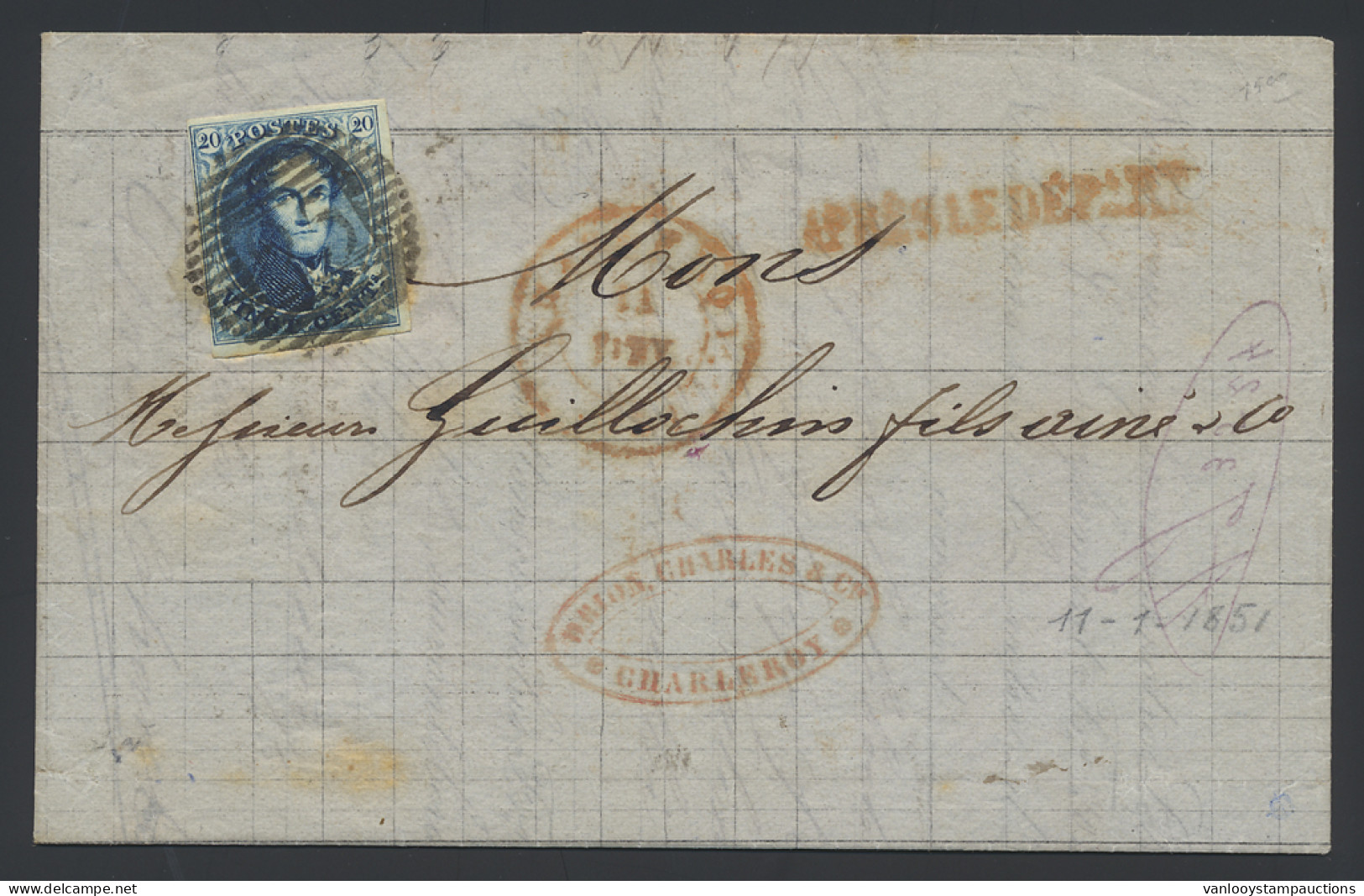 1851 N° 4 20c. Blauw Met P.25-Charleroy Op Brief Met Inhoud Dd 11/1/1851 (binnenkant Brief Bevestigt De Datum), Volrandi - 1849-1850 Médaillons (3/5)