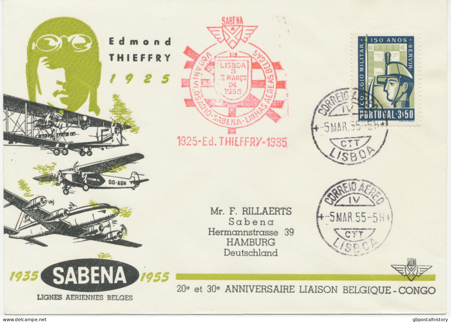 PORTUGAL 5.3.1955, Edmond Thieffry Sonderflug Sabena „LISSABON – HAMBURG“ (SABENA – Existierte Von 1923 Bis 2001) - Cartas & Documentos