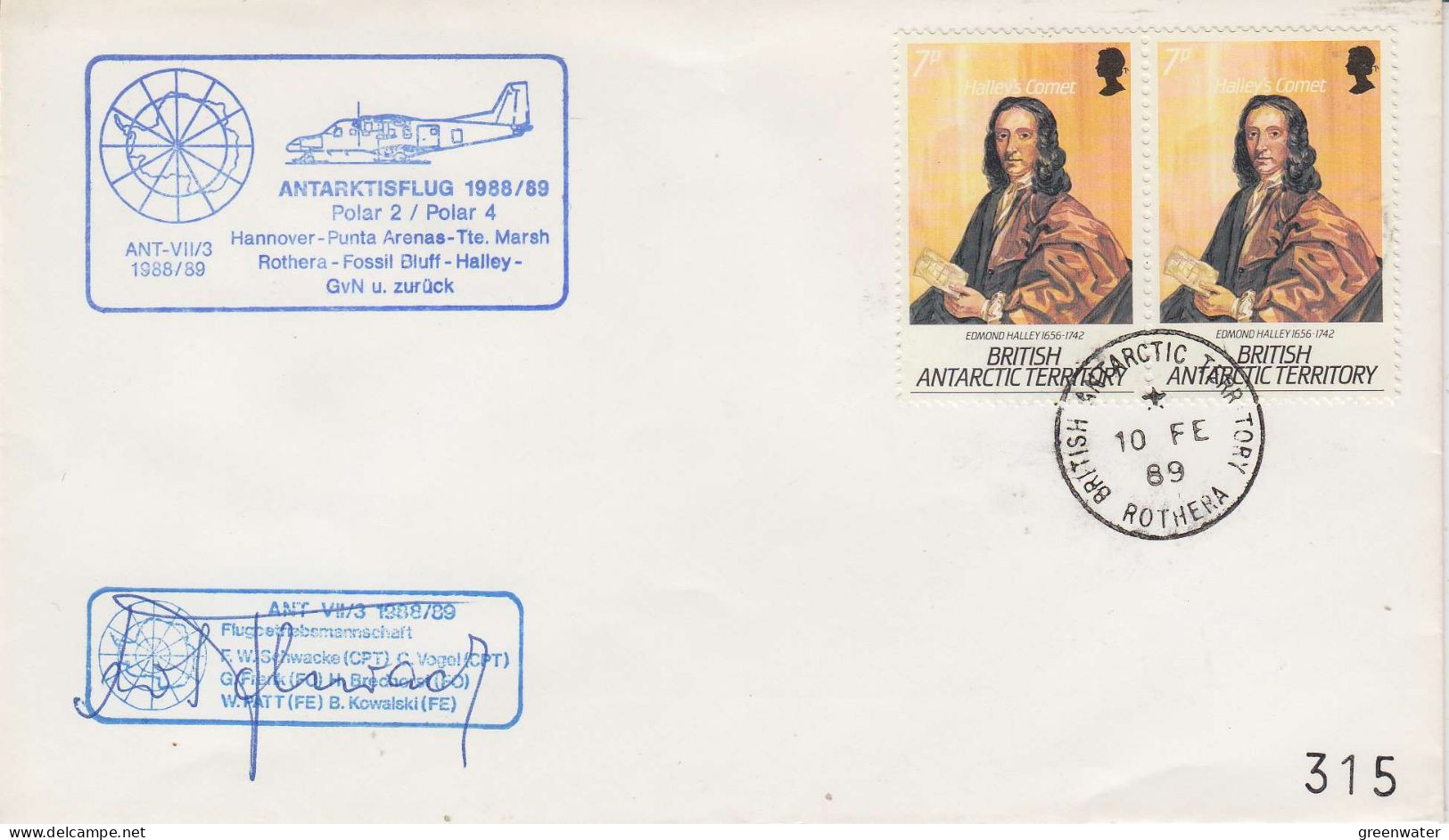 British Antarctic Territory (BAT) Flight Hannover To G. Von Neumayer Signature Ca Rothera 10 FE 1989 (PT162E) - Vols Polaires