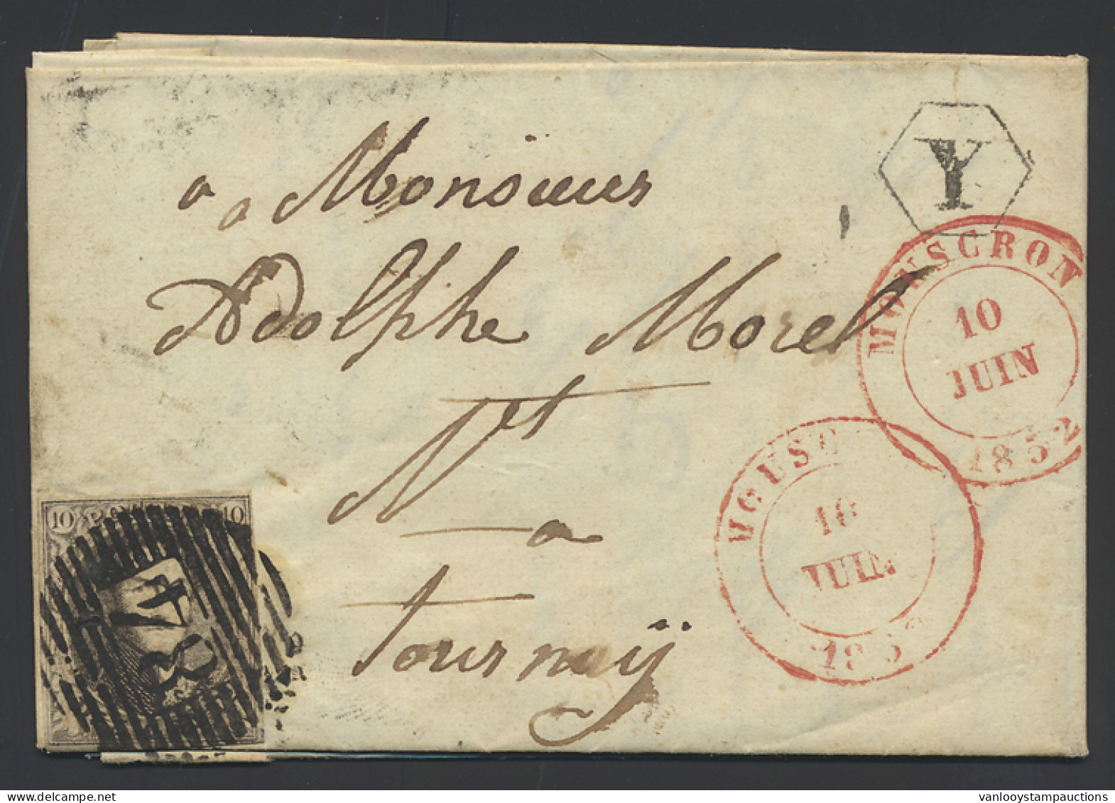 1852 N° 6, '10 Cents Bruin', Brief Met Inhoud, Vanuit Mouscron, Dd. 10 Juni 1852, Postbus Y In Zwarte Zeshoek, Niet Verm - 1851-1857 Médaillons (6/8)