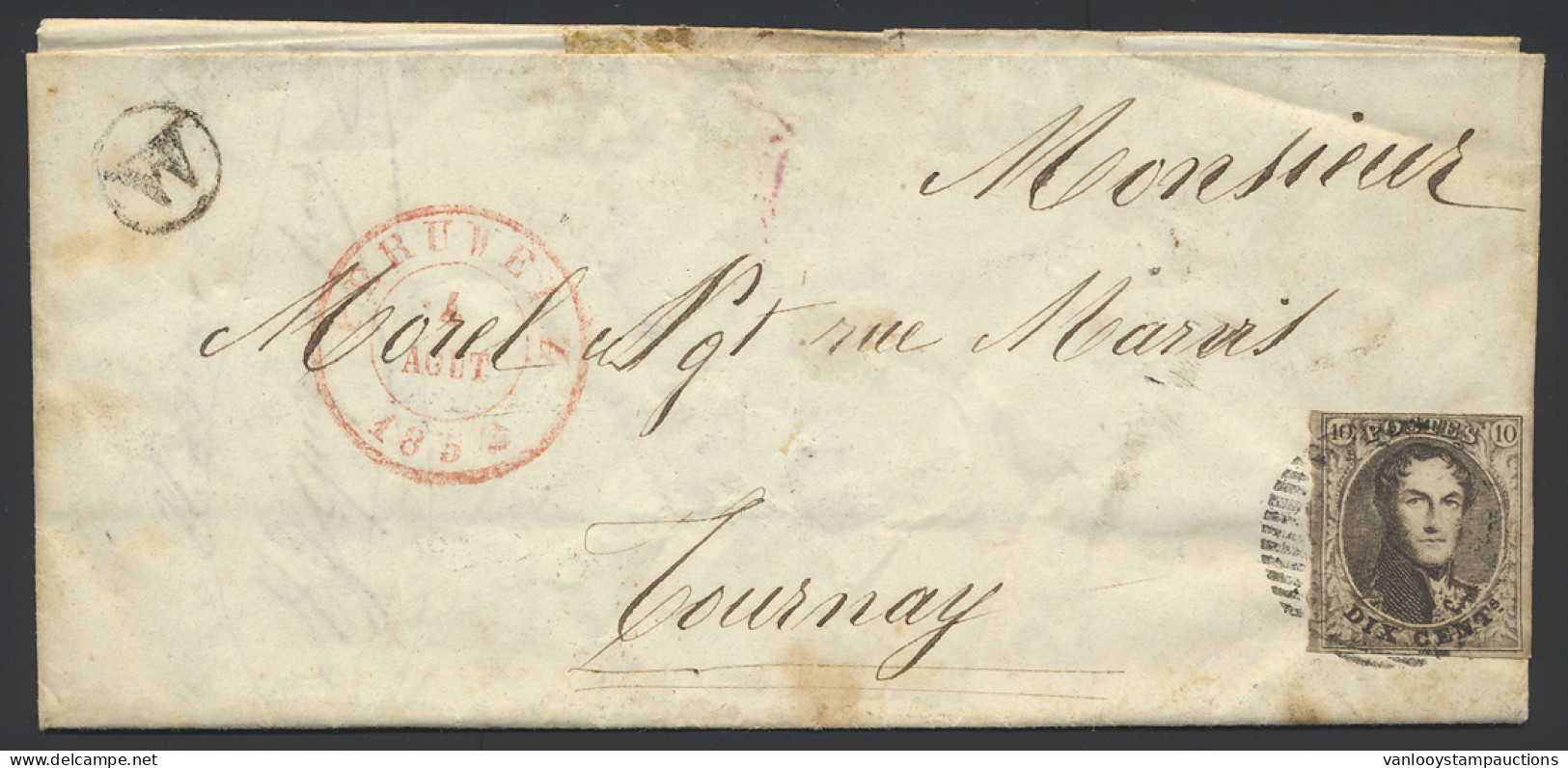 1852 N° 6 10c. Bruin, Brief Met Inhoud, Vanuit Peruwelz, Dd. 4 Augustus 1852, Postbus W In Zwarte Cirkel, Niet Vermeld I - 1851-1857 Medaillons (6/8)