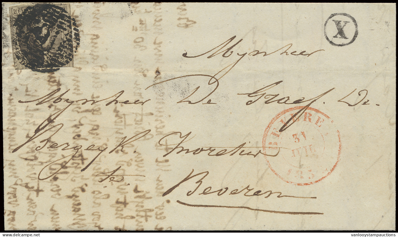 1852 N° 6 10c. Bruin Op Brief Met Inhoud Dd. 30 July 1852, Vanuit Beveren, Met Postbus X, Burght Naar Beveren, Geen Ontv - 1851-1857 Médaillons (6/8)