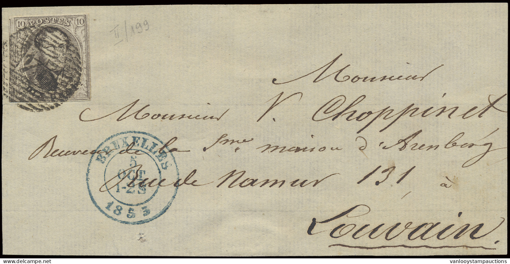 1853 N° 6 10c. Bruin Op Voorzijde Van Brief Van Brussel, Dd. 5/10/1853 Naar P.24-Leuven (18-balkenstempel), Volrandig, P - 1851-1857 Medaillen (6/8)