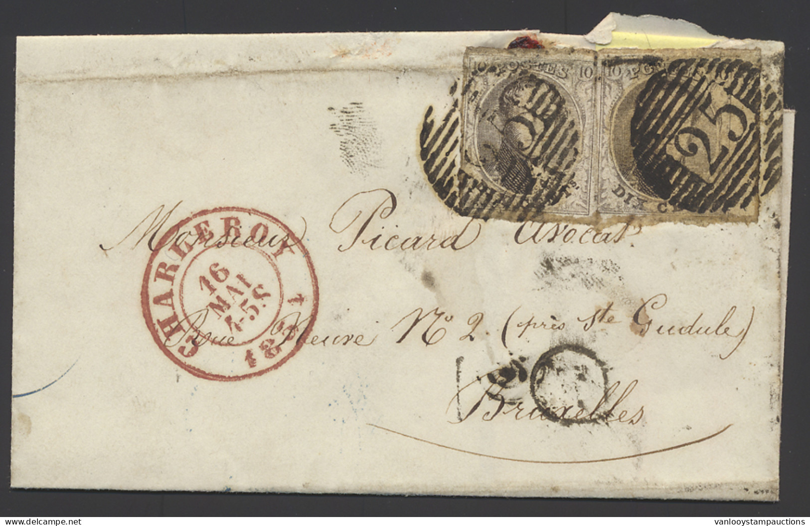 1853 N° 6 10c. Bruin (2x), 1 Met Bladboord, Op Brief Zonder Inhoud Dd. 16 Mei 1853, Vanuit P.25-Charleroi, Met Postbus T - 1851-1857 Médaillons (6/8)