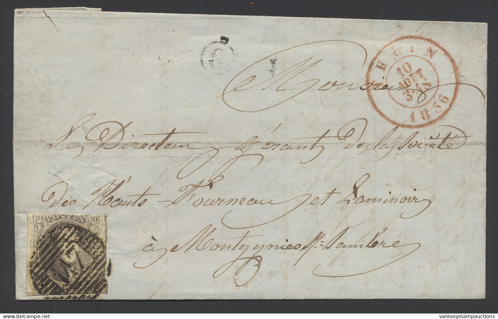 1856 N° 6 10c. Bruin, Met Bladboord, Op Brief Met Inhoud Dd. 10 Augustus 1856, Vanuit P.117-Thuin, Postbus C, Ham-Sur-He - 1851-1857 Medaillons (6/8)