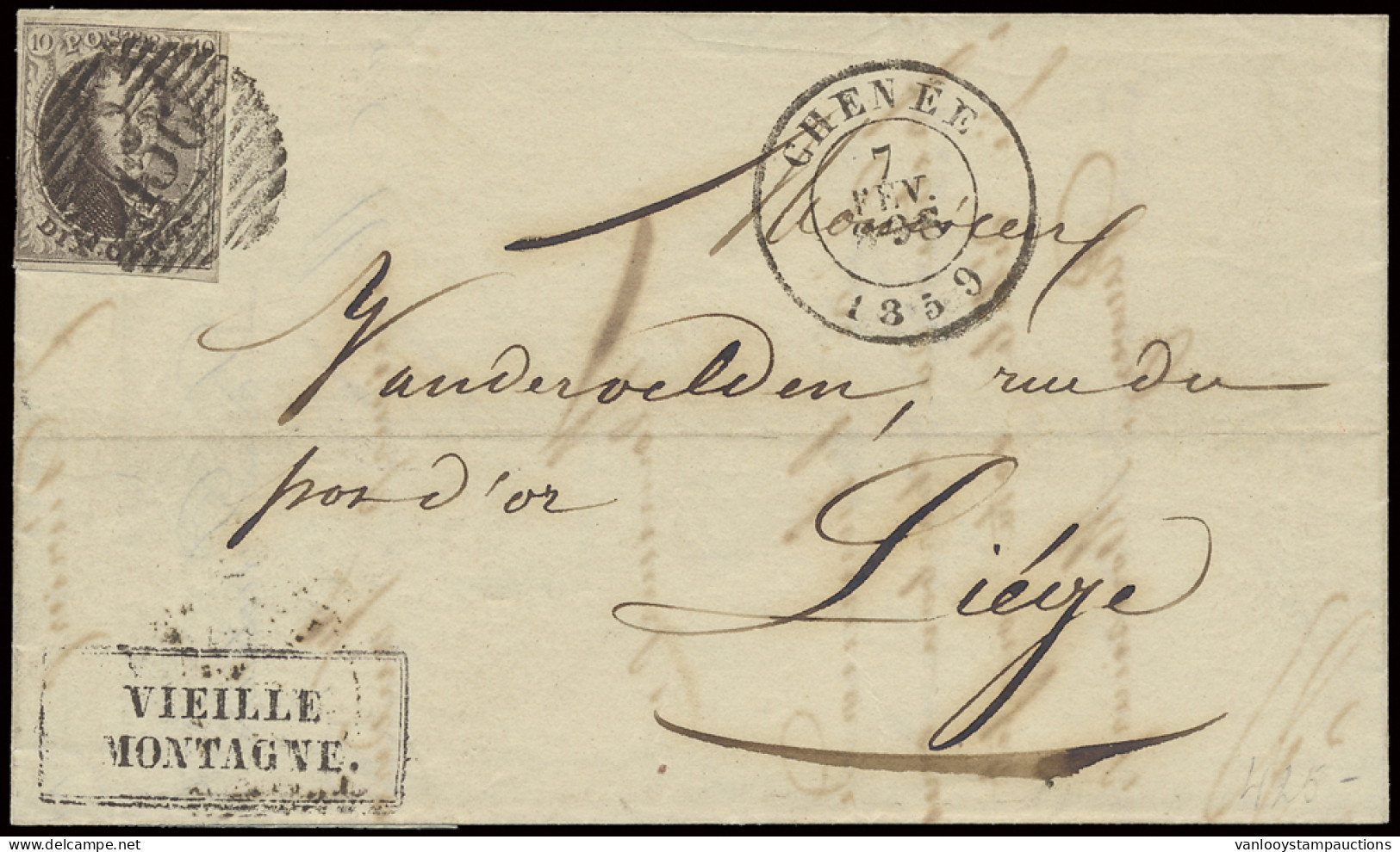 1859 N° 6 10c. Bruin, Volrandig Maar Kort, Op Brief Met Inhoud Dd. 7 Februari 1859, Vieille Montagne, Vanuit P.156-Chené - 1851-1857 Medaillons (6/8)