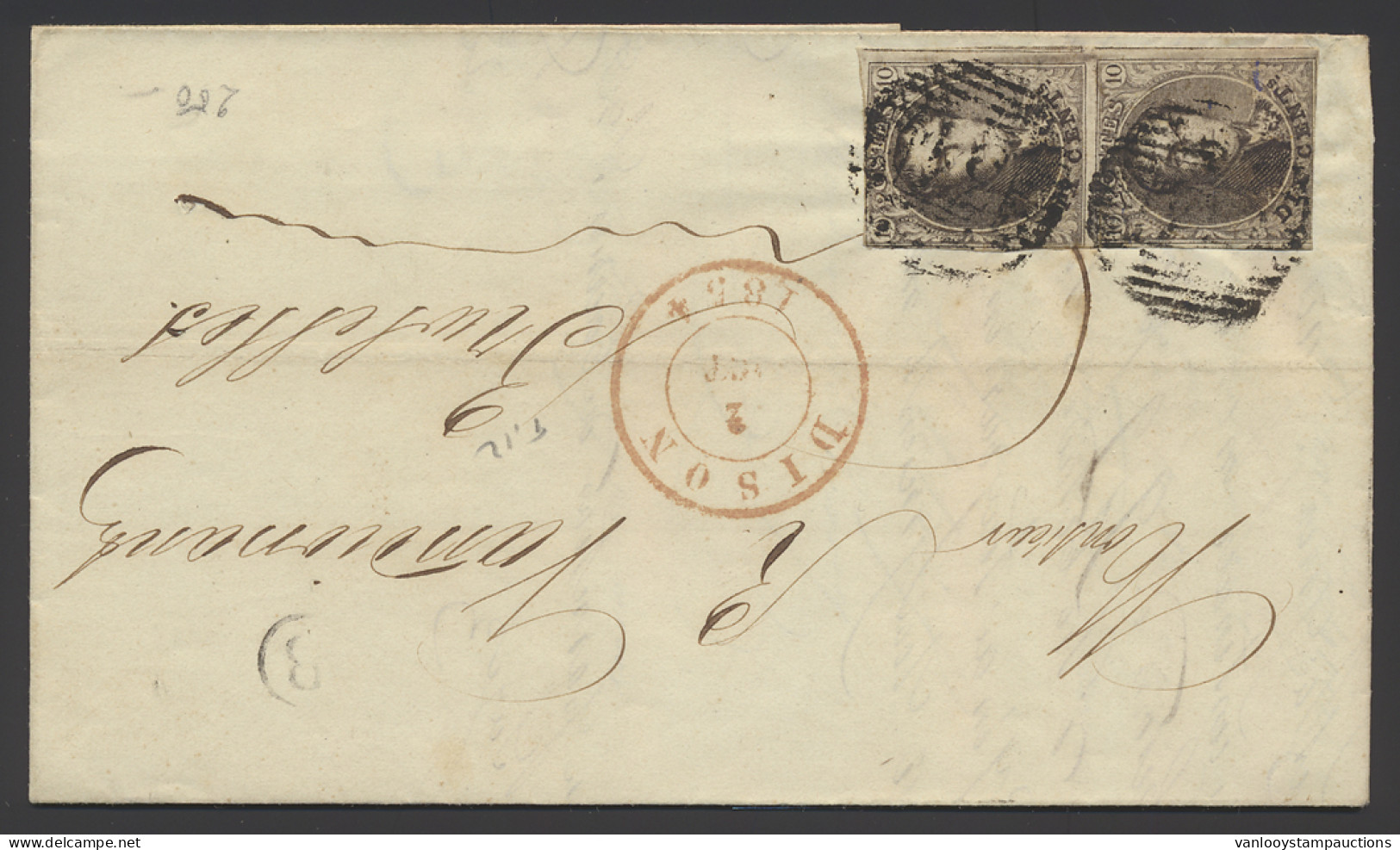 1854 N° 6 10c. Bruin Op Brief, Rechtopstaand Paar, Afstempeling D.34-Dison Met Postbusstempel B In Cirkel Petit-Rechain, - 1851-1857 Medallions (6/8)