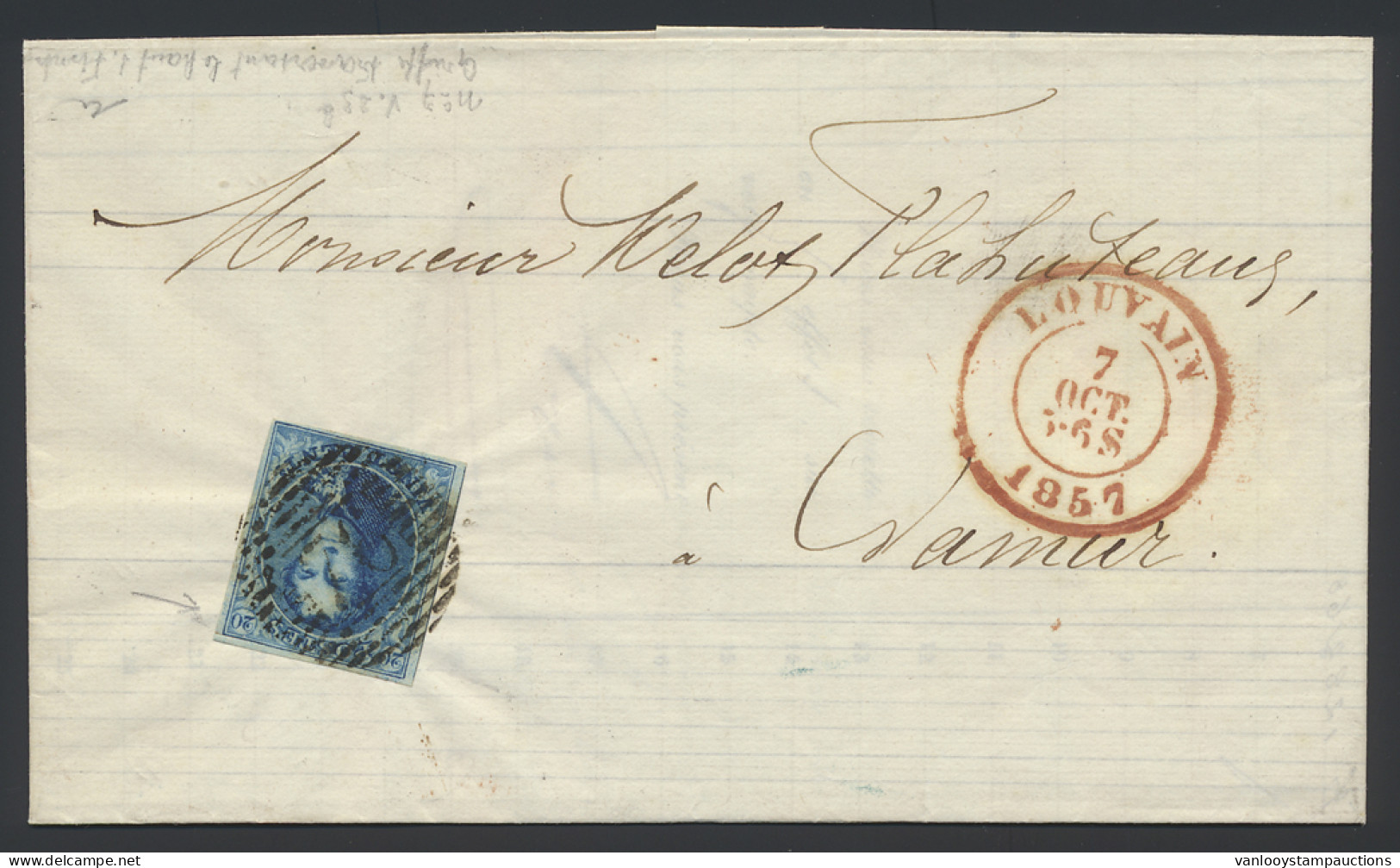 1857 N° 7-V23 20c. Blauw Op Brief Van Louvain Naar Namen Dd. 7/10/57, Prachtige Griffen Horizontaal Vanaf Linker 2 Tot R - 1851-1857 Medallions (6/8)