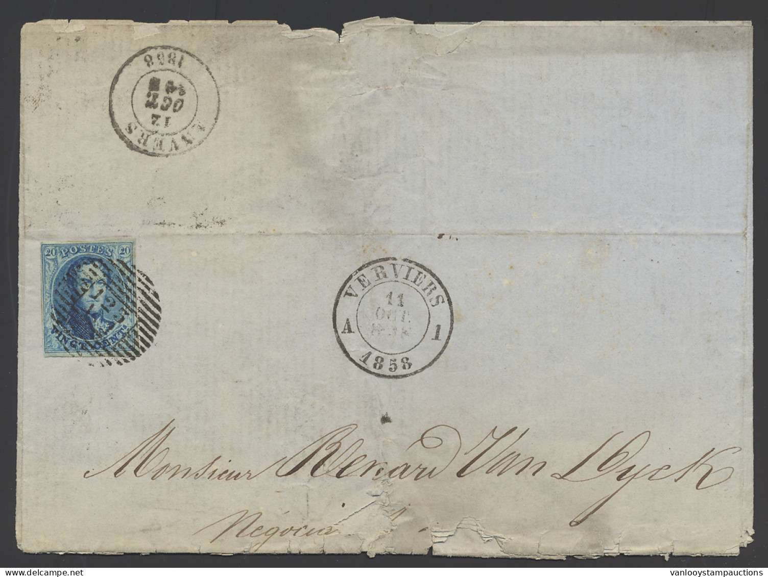 N° 7 20c. Blauw, Volrandig Op Brief Met Inhoud, P.123 A1 (Verviers), Dd. 11 October 1858, Naar Anvers, Brief Is In Slech - 1851-1857 Medallions (6/8)