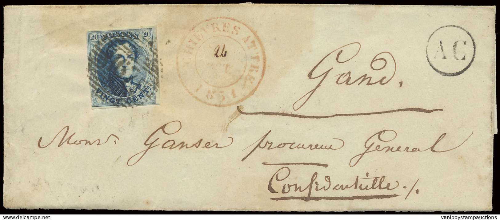 N° 7 20c. Blauw, LSC, Volrandig Met P.167, Chièvres - Attre, Met Postbusstempel AC In Cirkel (Chièvres), Niet Vermeld In - 1851-1857 Medallions (6/8)