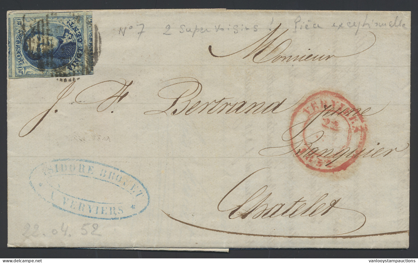 1852 N° 7 20c. Blauw, Met 5 Geburen, Waarvan Boven- En Ondergebuur Volledig Zijn. Op Brief Van Verviers Naar Chatelet. D - 1851-1857 Médaillons (6/8)