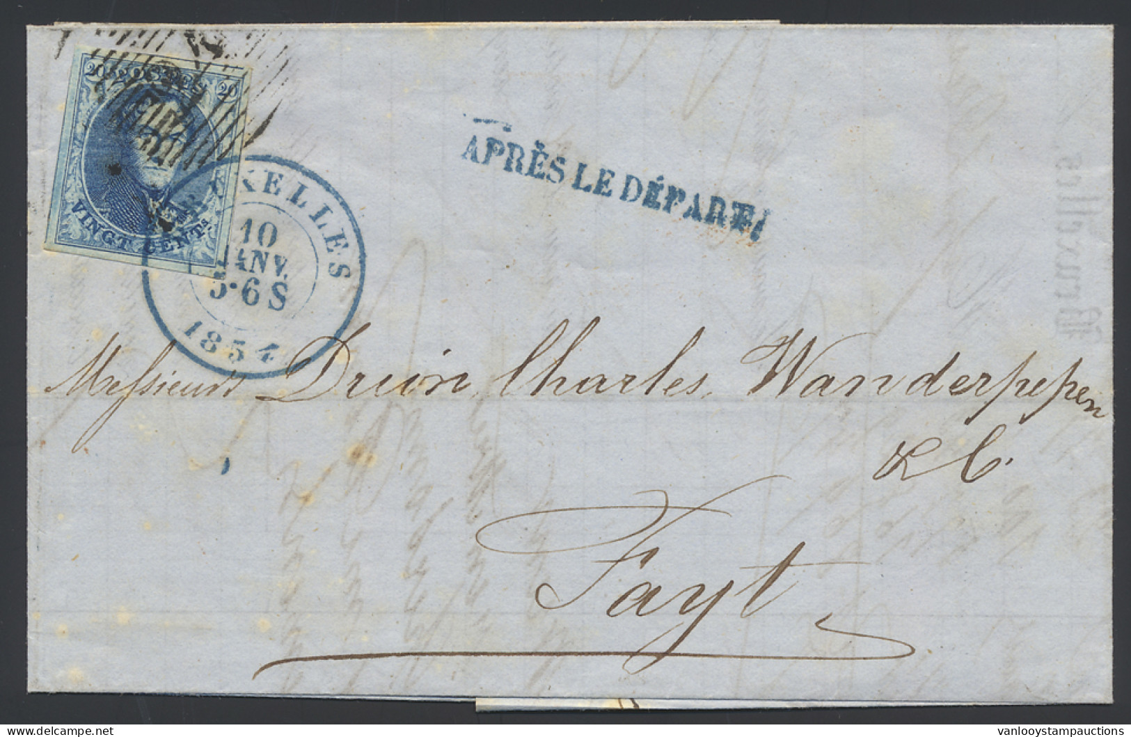 1854 N° 7 20c. Blauw, Breed Gerand Met 3 Buren, Blauwe Dubbelcirkel BRUXELLES 10 JAN 1854 + APRES LE DEPART, Zm - 1851-1857 Medallions (6/8)