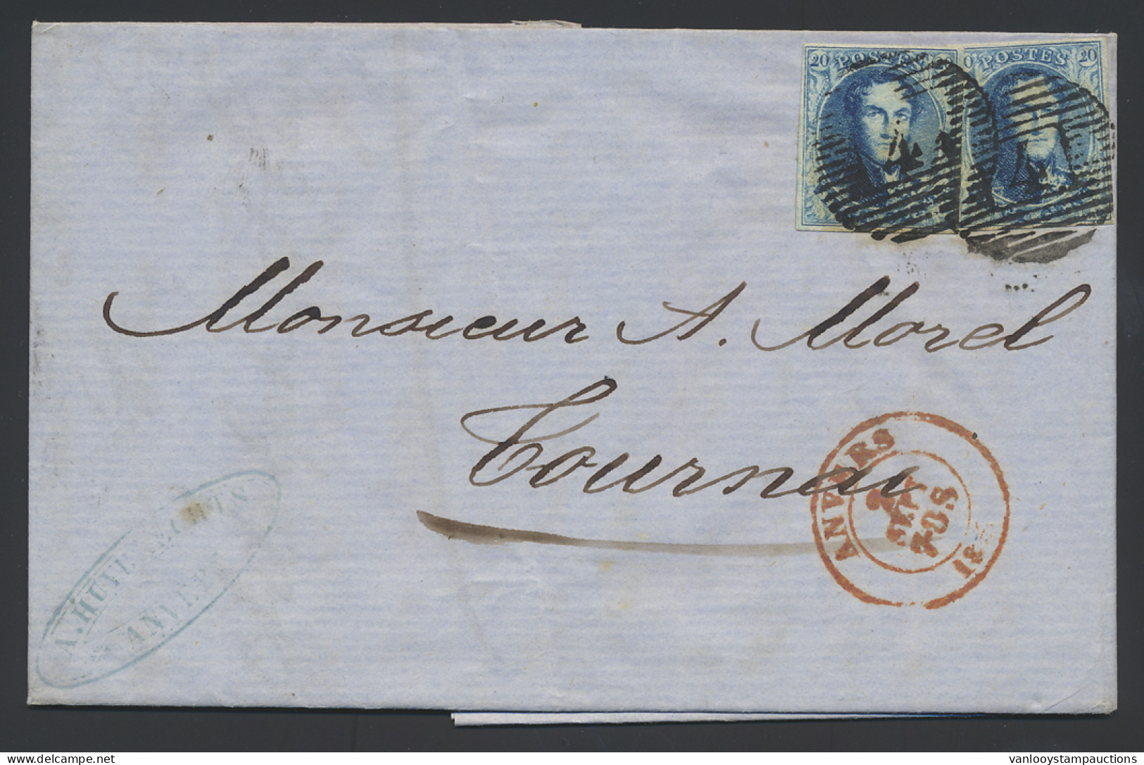 1857 N° 7, 20c. Blauw, Twee Zegels Op Brief Vanuit Anvers, Dd. 2 September 1857, Naar Tournay, Dubbele Port (geen Gramaa - 1851-1857 Medallions (6/8)