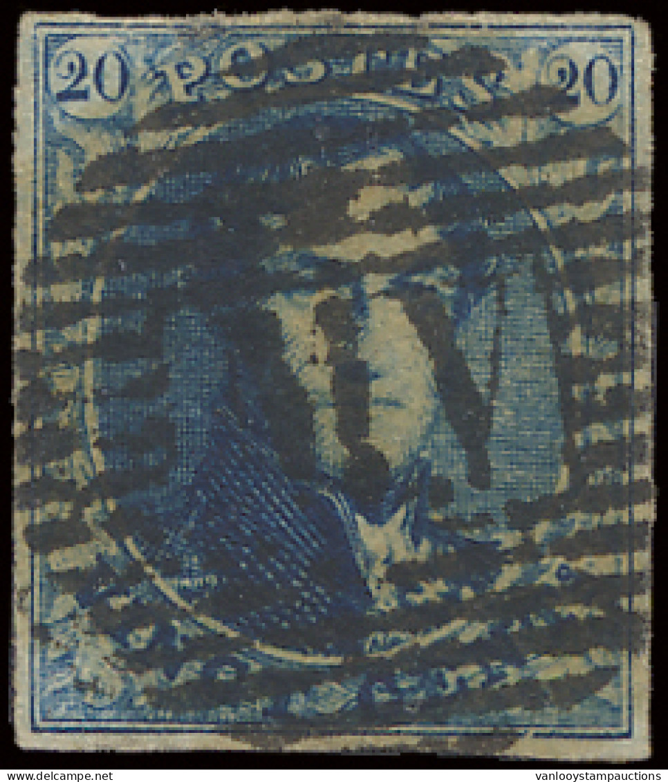 N° 7 20c. Blauw, Ambulant Afstempeling M.V Horizontaal, Volrandig, Zm (COBA €25) - 1851-1857 Médaillons (6/8)