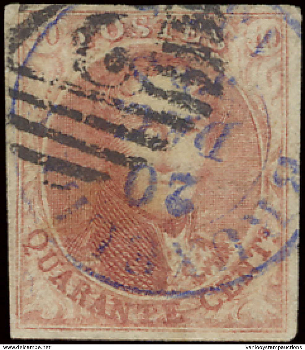 N° 8 40c. Karmijn, Volrandig Met P.24 (14-balkenstempel) En D.C. Bruxelles 20 DEC In Blauw, Zm (OBP €125) - 1851-1857 Medallions (6/8)