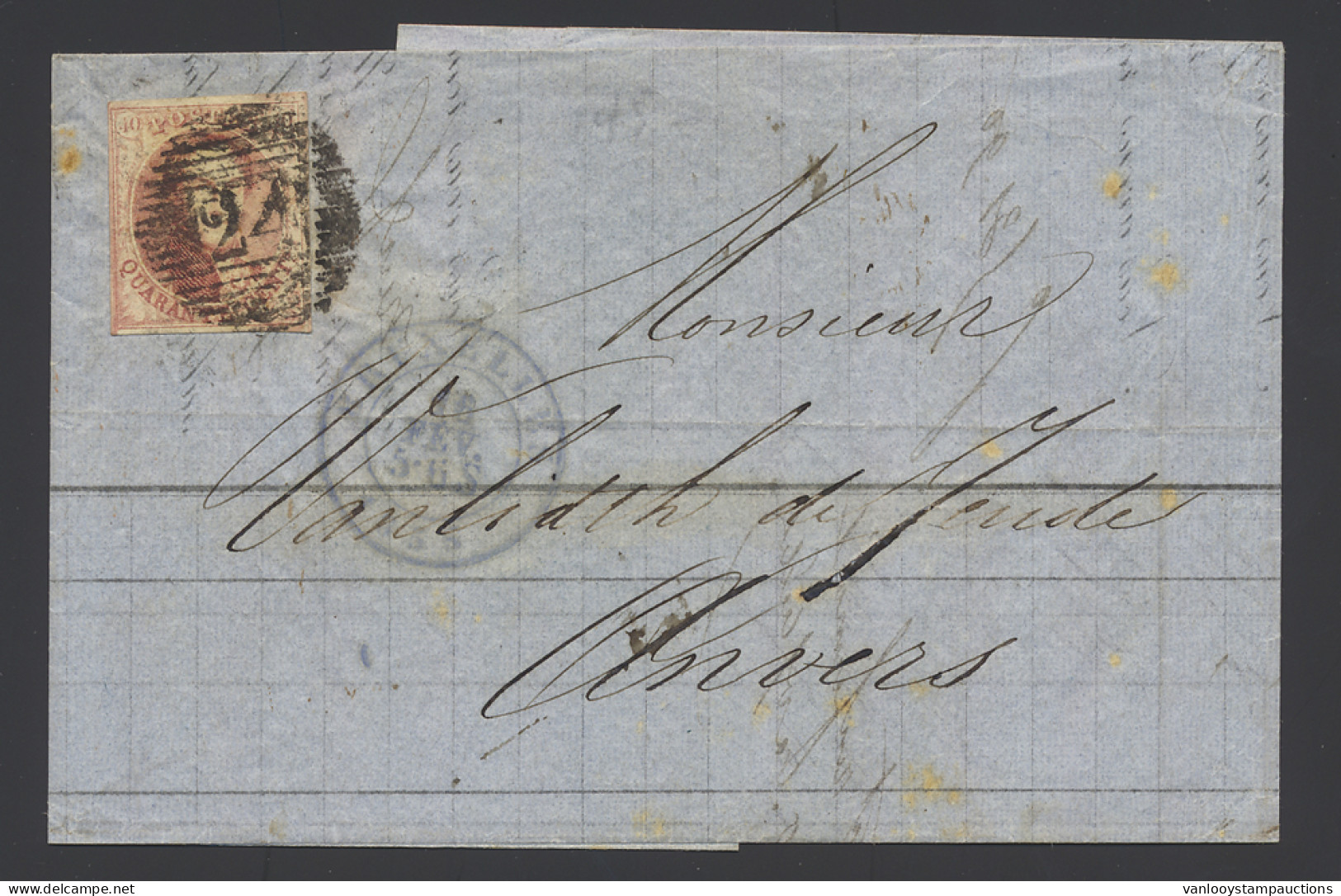 1855 N° 8 40c. Karmijnrood, Brief Van Brussel, Dd. 16 Febr. 1855, Naar Anvers, Volrandig, Zm (OBP €200) - 1851-1857 Médaillons (6/8)