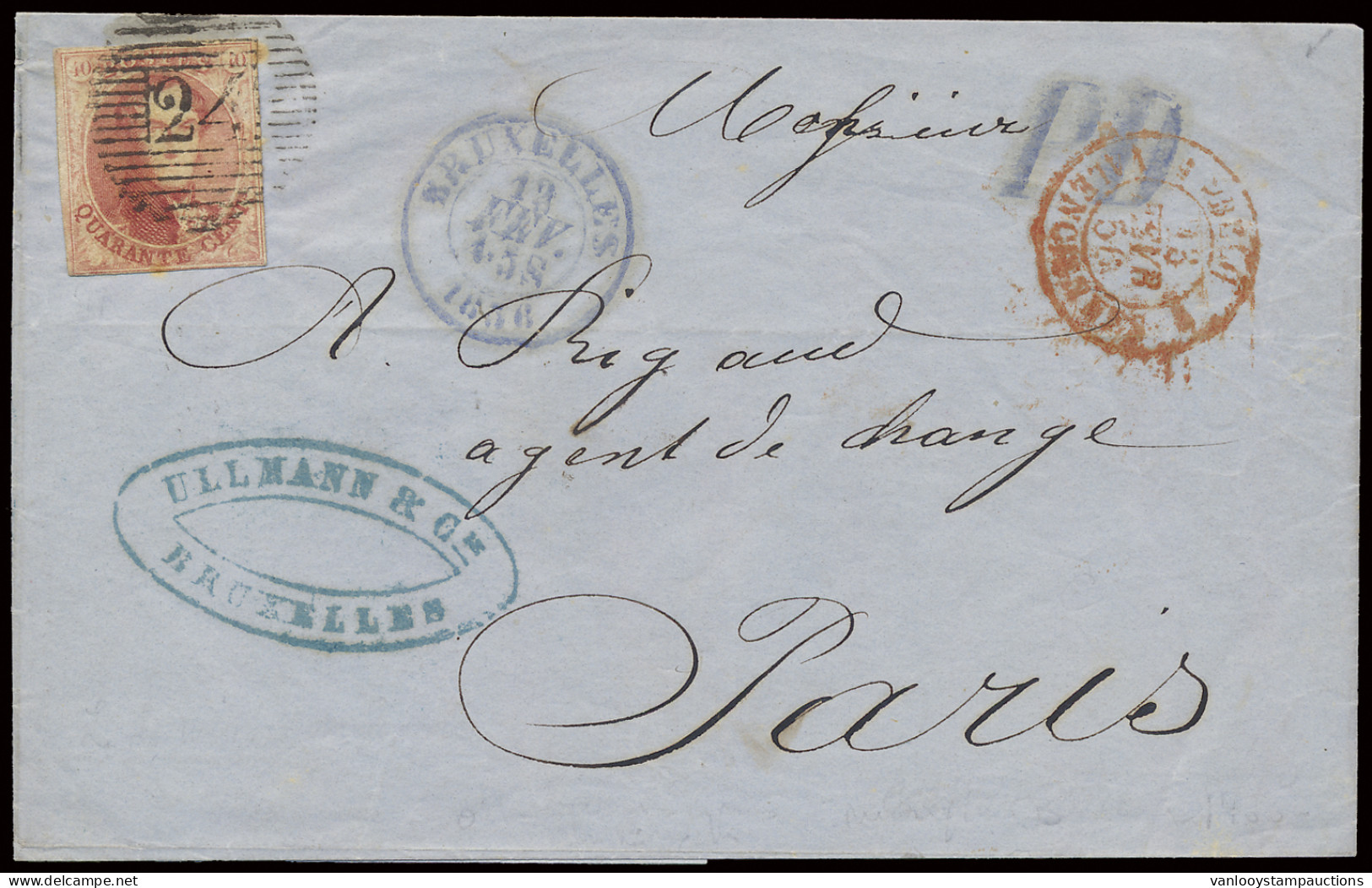 1856 N° 8 40c. Karmijn, P.24 Brussel, Volrandig Maar Kort, Op Brief Zonder Inhoud, Dd. 13 Februari 1856, Naar Parijs, PD - 1851-1857 Medallions (6/8)