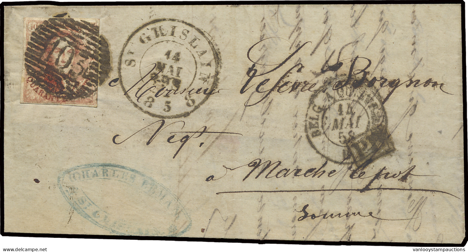 1858 N° 8 40c. Karmijn Op Brief Van P.103-Saint-Ghislain Naar Somme Dd. 14/5/1858, PD In Zwart Kastje, Restant Brief (in - 1851-1857 Medallions (6/8)