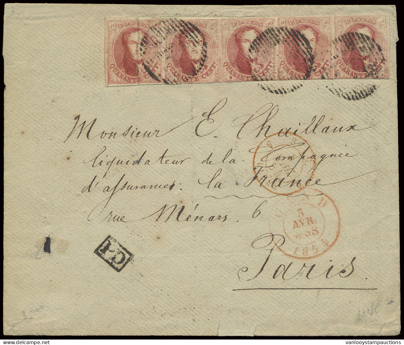 N° 8 40c. Karmijn Op Enveloppe Met Strip Van 5, P.45-Gand Naar Parijs, Strip Is Onderaan Ingesneden Voor 4 Zegels, De Li - 1851-1857 Médaillons (6/8)