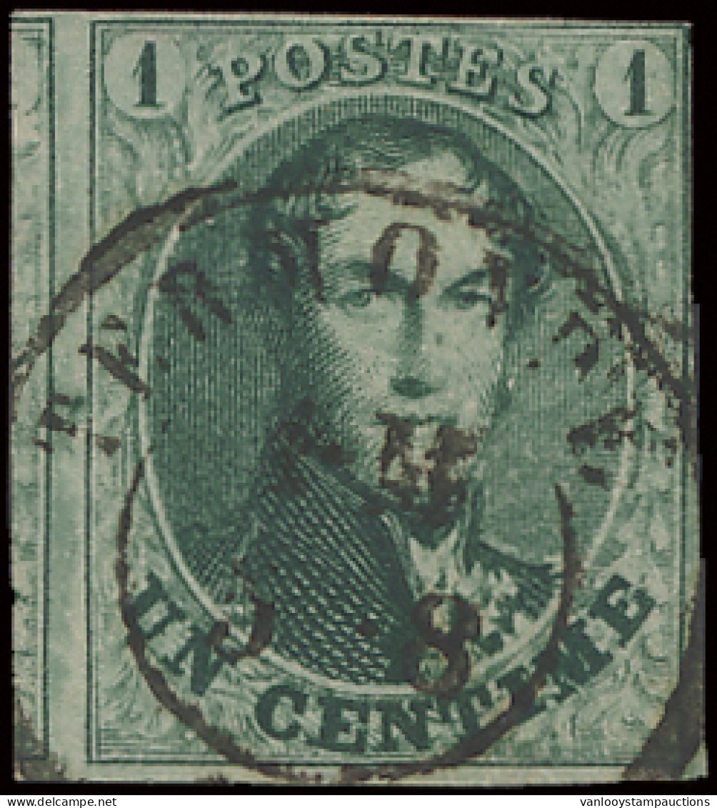 N° 9 1c. Groen, Volrandig, Maar Met Kleine Marges, Volledige Linkergebuur Met D.C. Termonde, Zm (OBP €150) - 1858-1862 Médaillons (9/12)