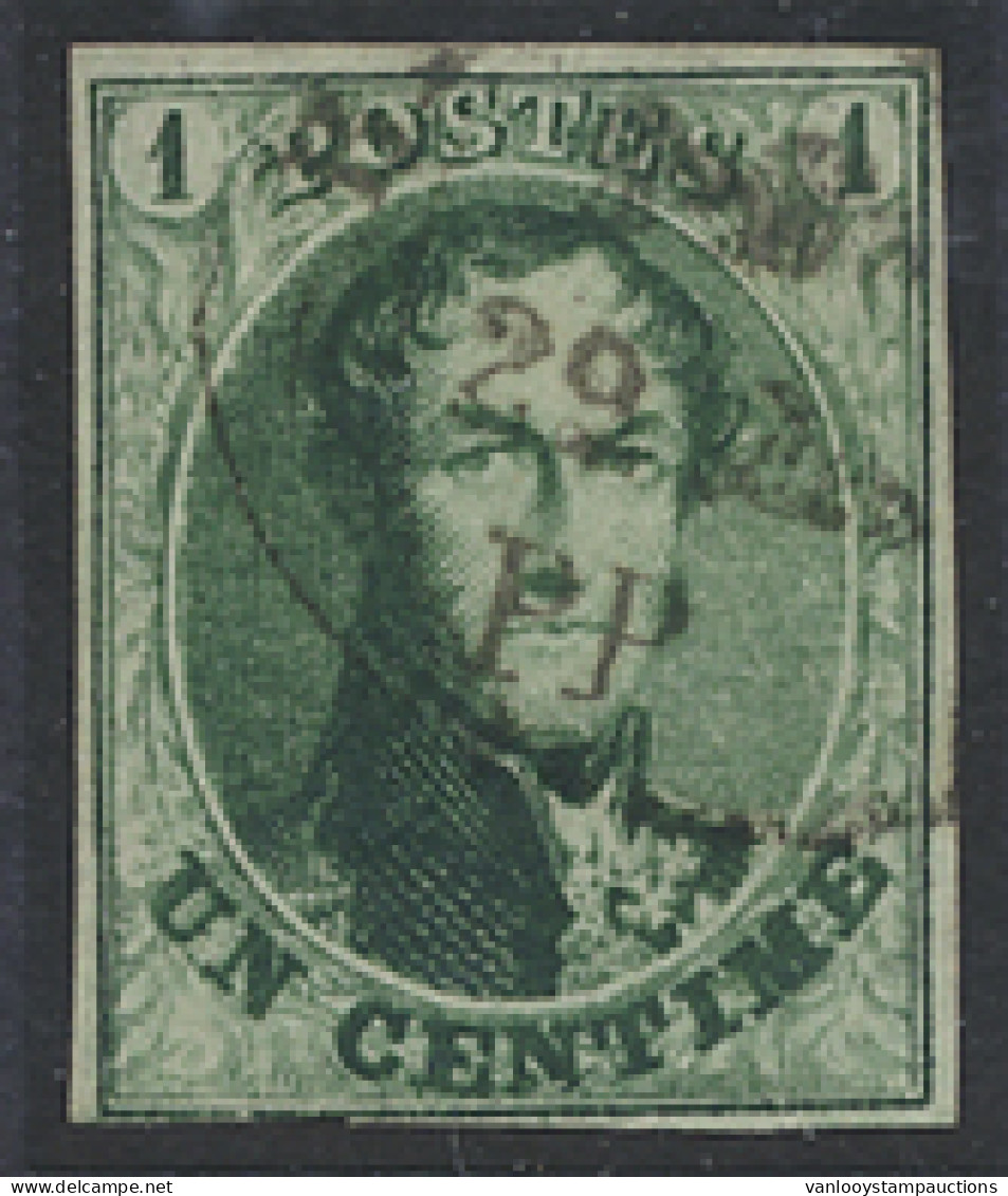 N° 9b 1c. Donkergroen, Retouches Aan Beide Bovenkaders Met E.C. - PP, Zeer Mooi Volrandig, Onderaan Nipt, Zm (OBP €160) - 1858-1862 Medaillons (9/12)