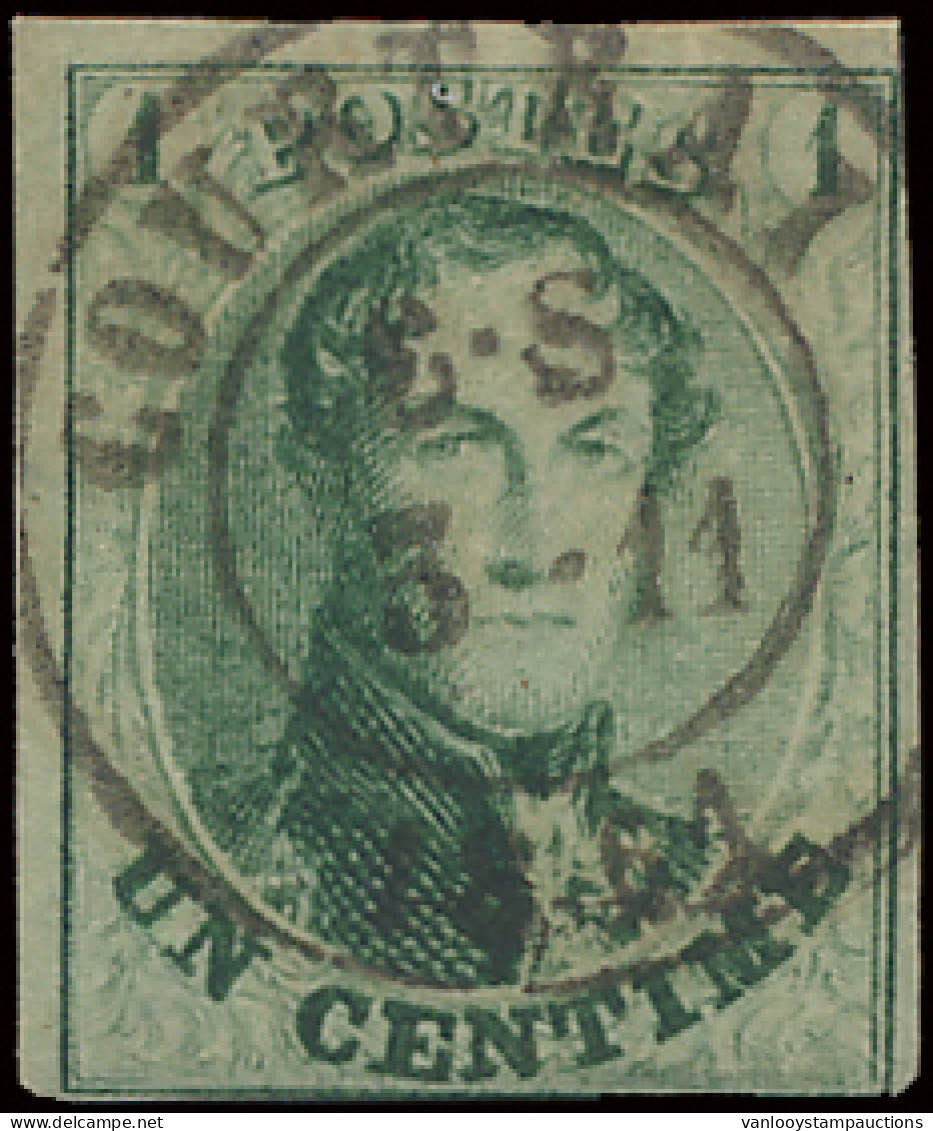 N° 9 1c. Groen, Onderaan Aangesneden, Maar Kader Is Nog Zichtbaar Met D.C. Courtray Centraal Gestempeld, Zm (OBP €140) - 1858-1862 Medallions (9/12)