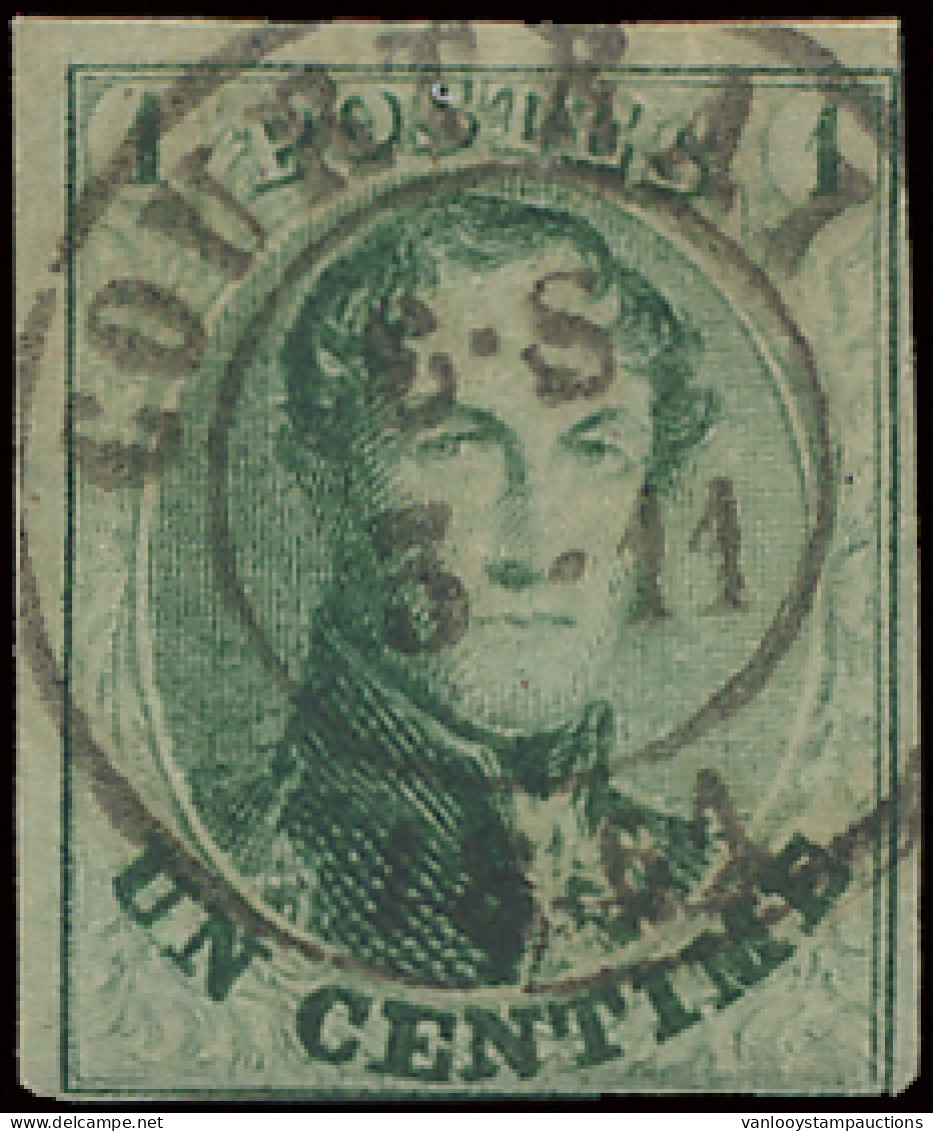 N° 9 1c. Groen, Onderaan Aangesneden, Maar Kader Is Nog Zichtbaar Met D.C. Courtray Centraal Gestempeld, Zm (OBP €140) - 1858-1862 Médaillons (9/12)