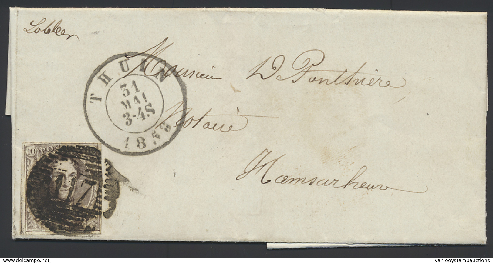 1858 N° 10A 10c. Bruin Op Brief Met Inhoud Dd. 31 Mei 1858, Vanuit P.117-Thuin, Met Manuscript Lobbes (geen Postbus) Naa - 1858-1862 Médaillons (9/12)