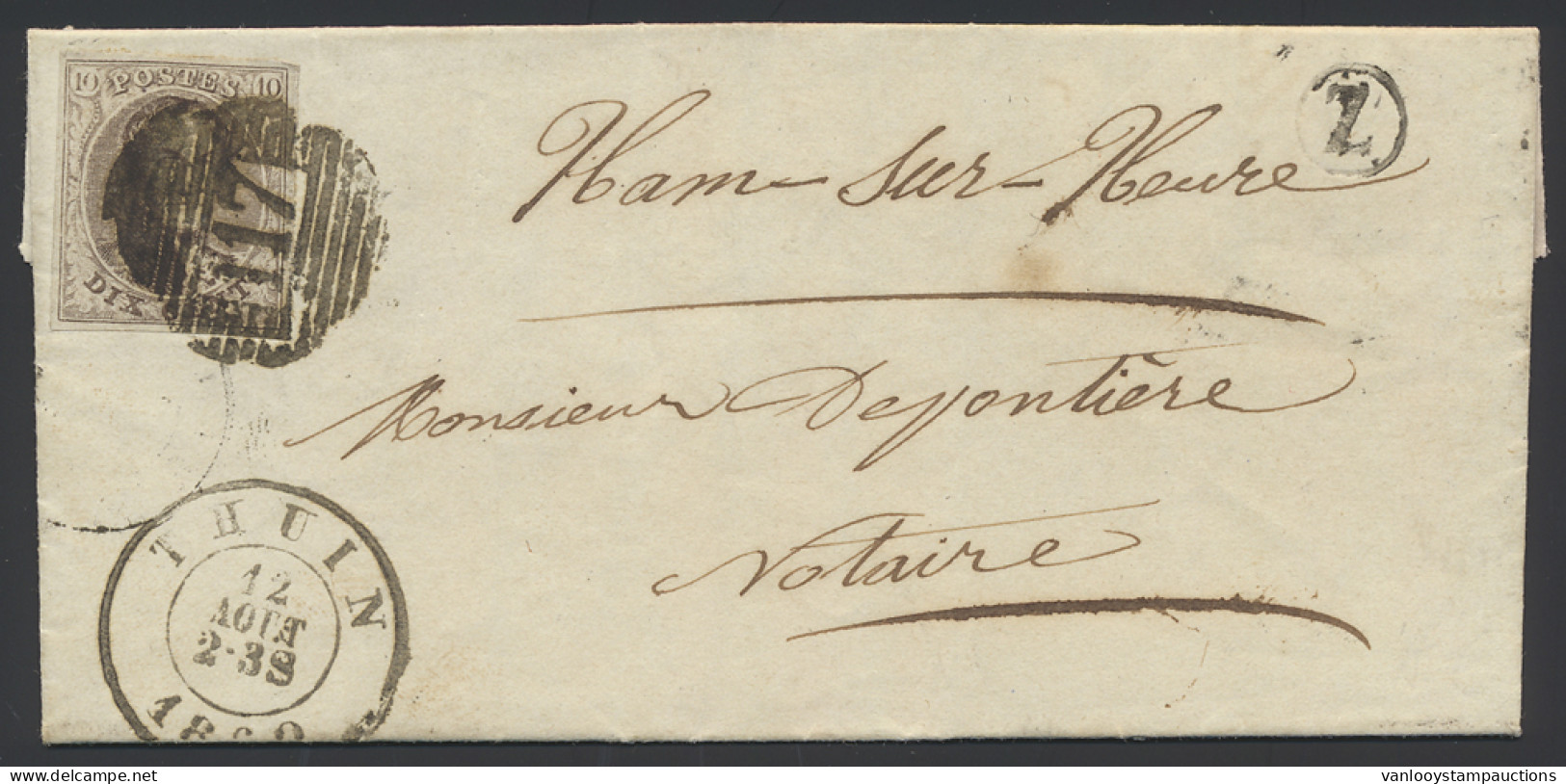 1860 N° 10A 10c. Bruin Op Brief Met Inhoud Dd. 12 Augustus 1860, Vanuit P.117-Thuin, Postbus Z, Lobbes, Naar Ham-sur-Heu - 1858-1862 Medallions (9/12)