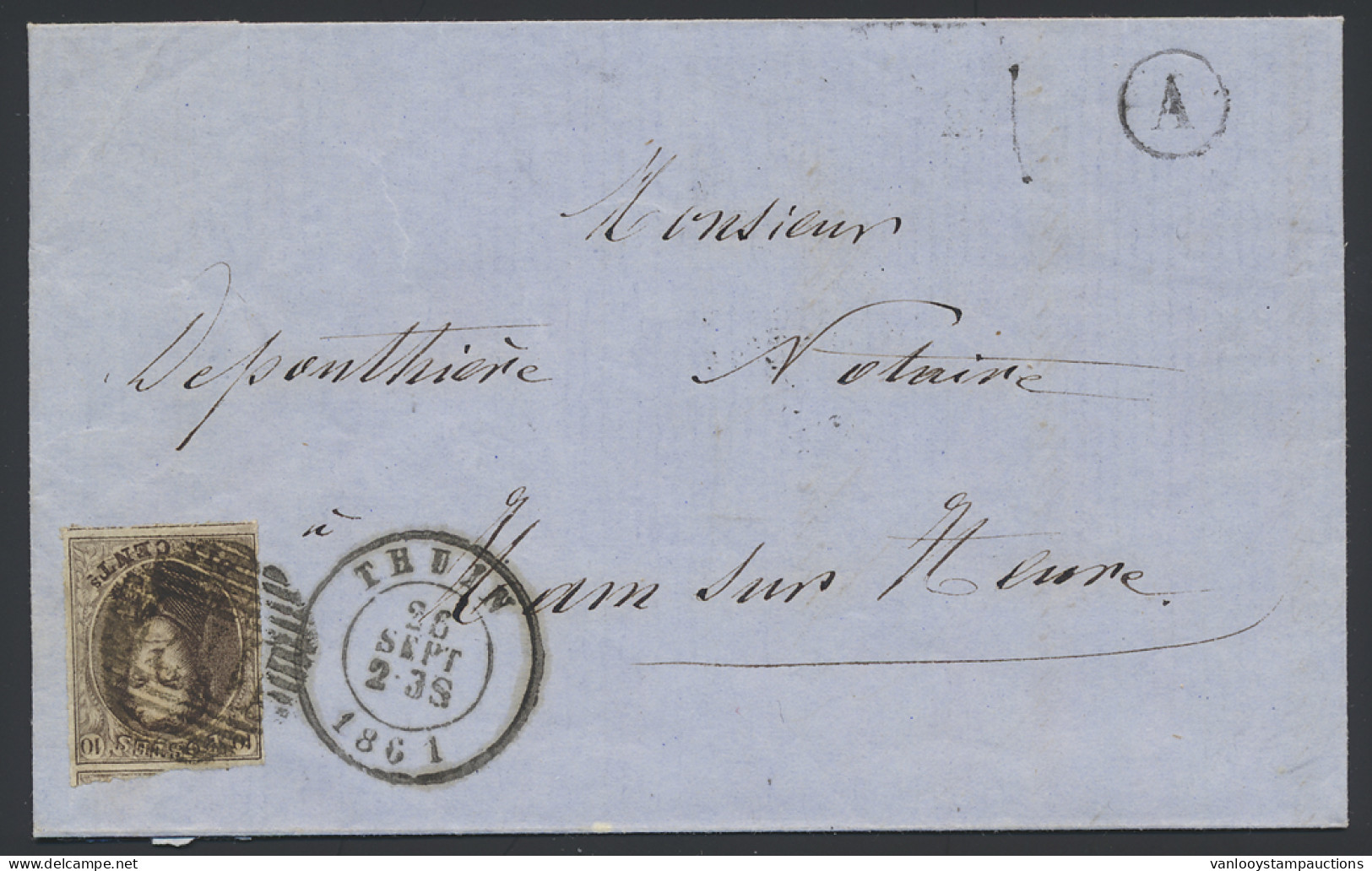1861 N° 10 10c. Bruin Op Brief Met Inhoud Dd. 26 September 1861, Vanuit P.117-Thuin, Postbus A, Gozée, Naar Ham-sur-Heur - 1858-1862 Medaglioni (9/12)
