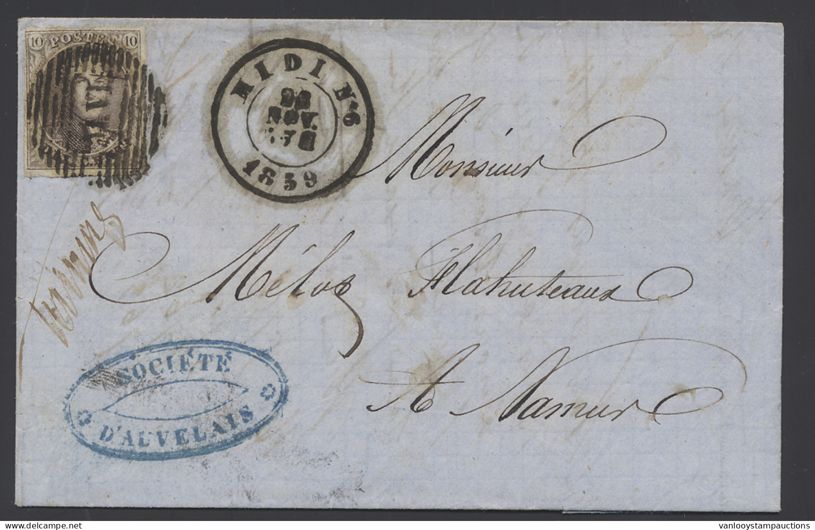1859 N° 10A 10c. Bruin Volrandig Op Brief Met Inhoud, Briefhoofding Auvelais Sur Sambre, Dd. 28 November 1859, Ambulante - 1858-1862 Medallions (9/12)