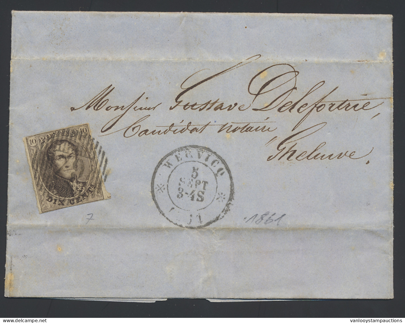 1861 N° 10 10c. Bruin Volrandig Op Brief Met Inhoud, Afstempeling D.79-Wervicq, Dd. 5 September 1861, Zm - 1858-1862 Médaillons (9/12)