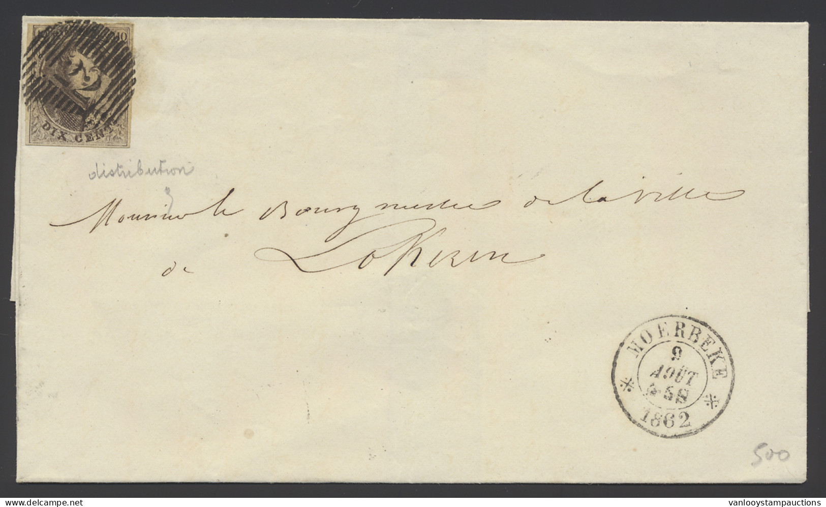 1862 N° 10 10c. Bruin, D.22-Moerbeke, Volrandig Op Brief Naar Lokeren, Dd. 9/8/1862, Zeer Frisse Brief, Zm (COBA +€30) - 1858-1862 Medallions (9/12)