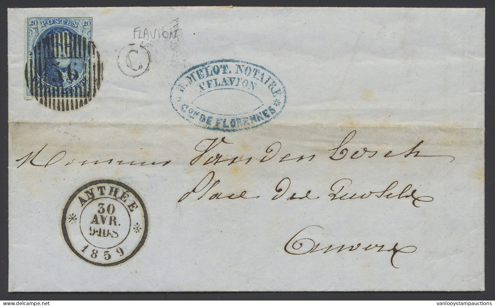 1859 N° 11A 20c. Blauw, D.36-Anthee Op Brief, Met Postbus C (Flavion), Dd. 30 Avril 1859, Naar Anvers, Zm - 1858-1862 Medallions (9/12)