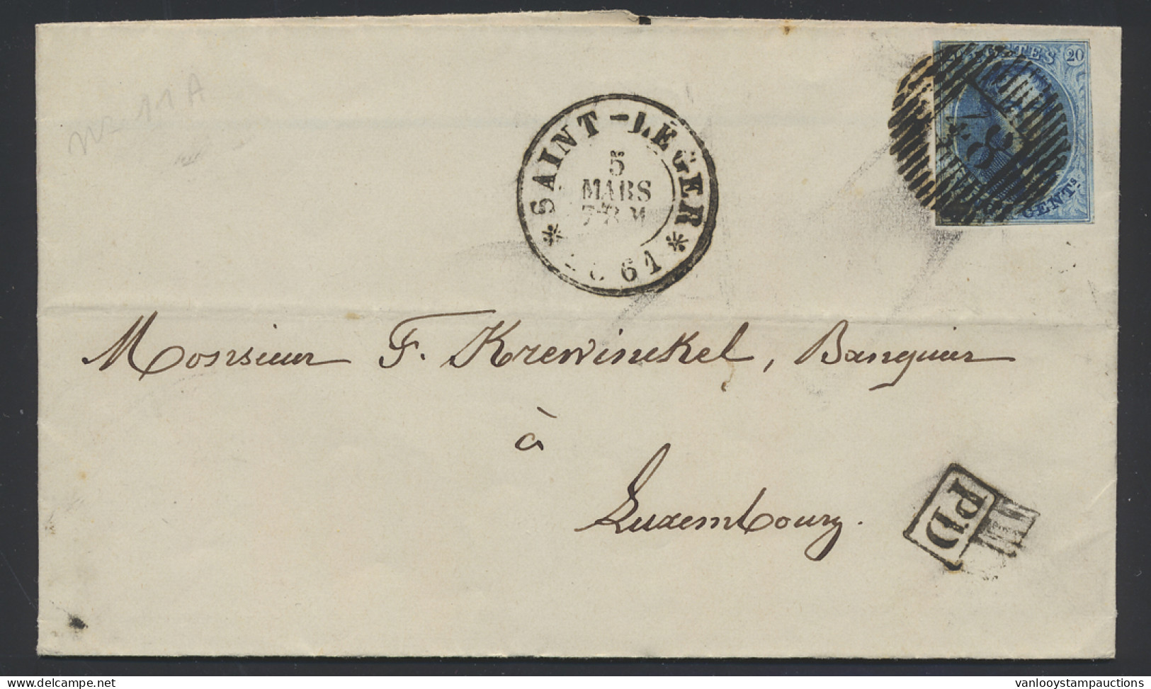 1861 N° 11A 20c. Blauw, Met Afstempeling D.48-Saint-Leger, PD In Kastje, Dd. 5 Mars 1861 Naar Luxembourg, Achterzijde St - 1858-1862 Medallions (9/12)