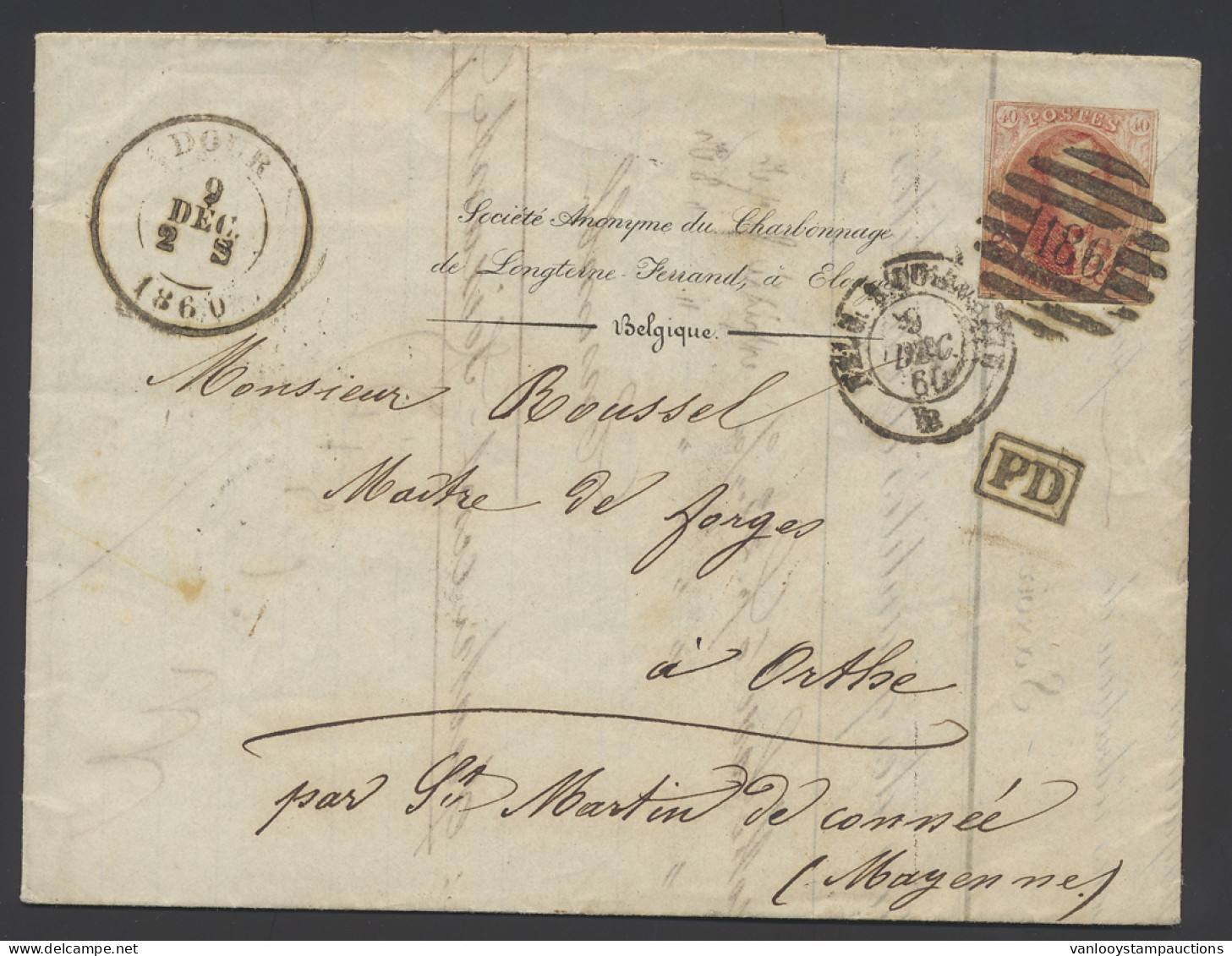 1860 N° 12 40c. Vermiljoen Op Brief, Vanuit P.186-Dour (8-balkenstempel), Dd. 9 December 1860, PD In Kastje Zwart, Naar  - 1858-1862 Médaillons (9/12)