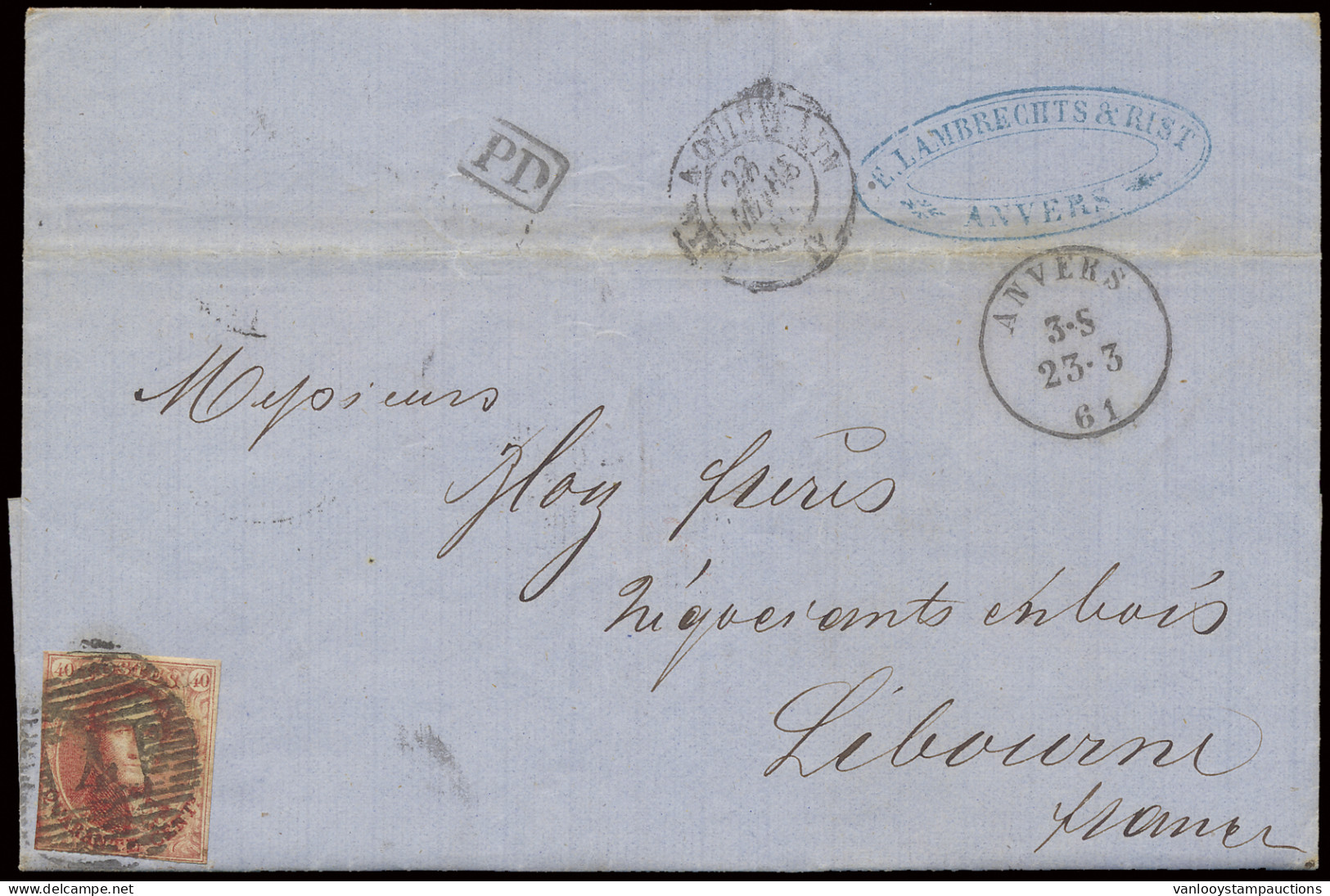 1861 N° 12 40c. Vermiljoen Op Brief Met Inhoud Vanuit Anvers, Dd. 23/3/61 Naar Libourne/Frankrijk, PD In Kastje Zwart, Z - 1858-1862 Médaillons (9/12)