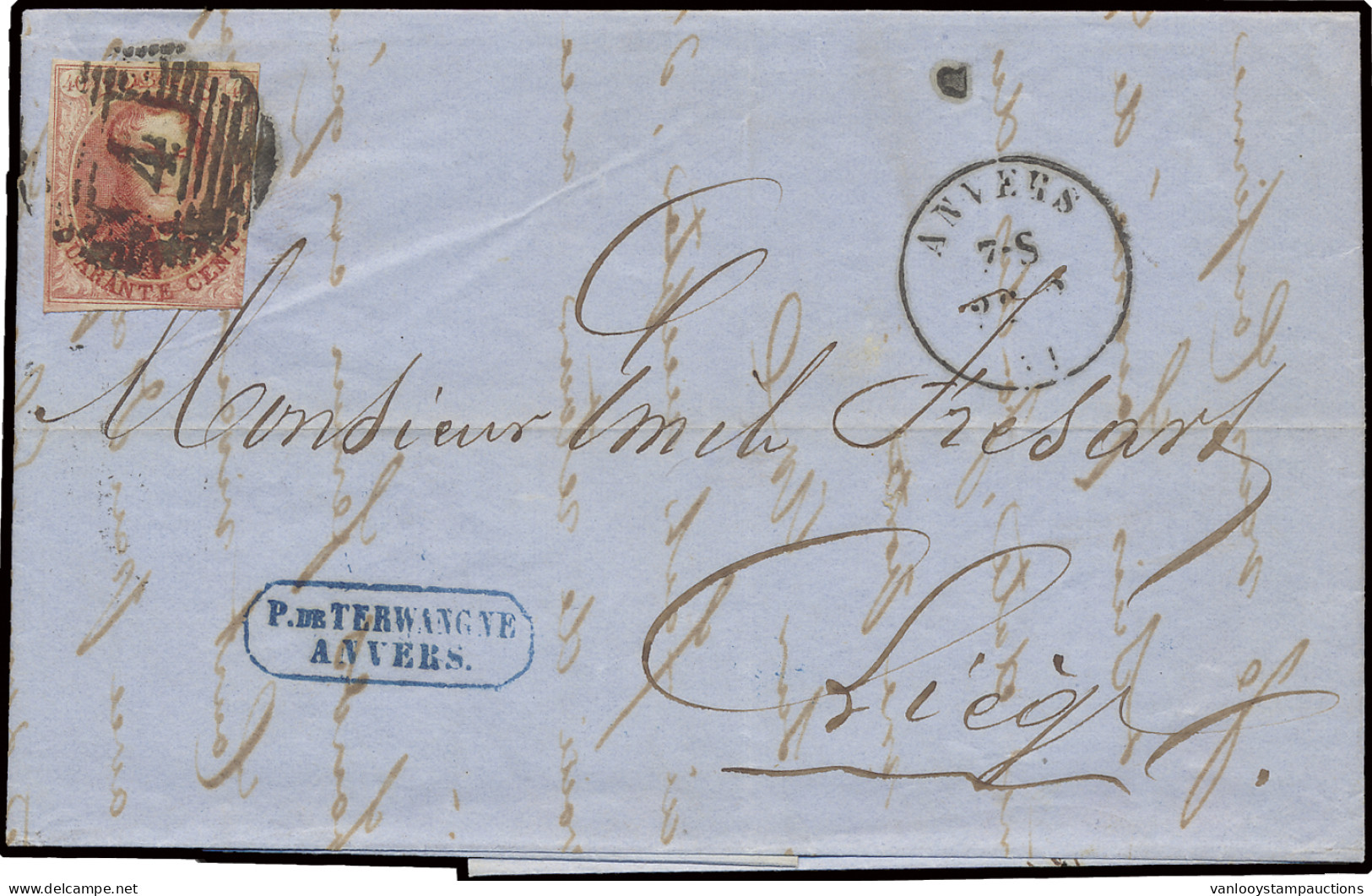 1861 N° 12 40c. Vermiljoen Op Brief Met Inhoud Vanuit Anvers Dd. 26/2/61 Naar Liège, Dubbel Port Binnenland, M - 1858-1862 Médaillons (9/12)