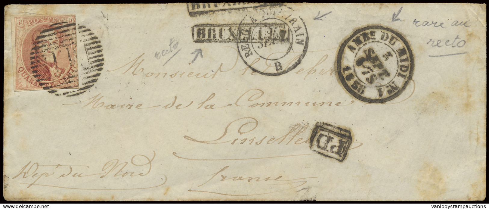 1858 N° 12A, 40c. Vermiljoen, Enveloppe, Afstempeling MI (mooie Leesbare Stempel), 2 Maal Lijnstempel Bruxelles In Kader - 1858-1862 Medaillen (9/12)