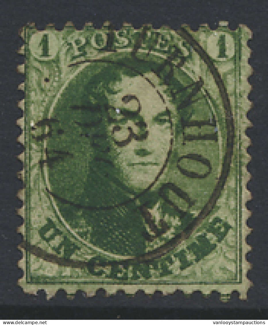 N° 13A 1c. Groen, Prachtige Kleurnuance, Tanding 12 1/2 X 13 1/2, D.C.a Turnhout, Centrale Afstempeling, Zm (OBP ++€40) - 1863-1864 Medaglioni (13/16)