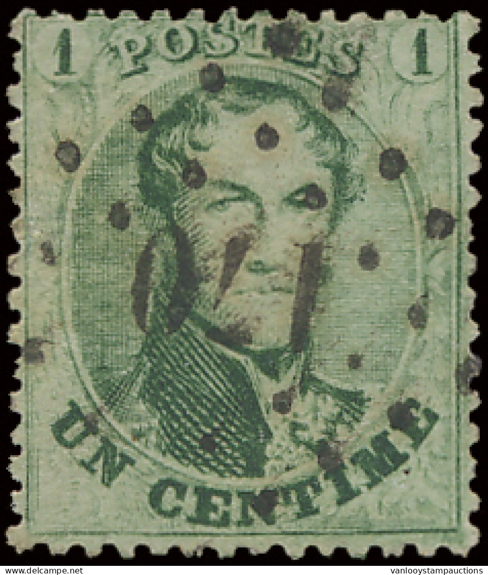 N° 13A 1c. Groen, Tanding 12 1/2 X 13 1/2, Puntstempel 170 HASSELT, Zeer Uitzonderlijke Afstempeling Op Deze Zegel, Prac - 1863-1864 Medallions (13/16)